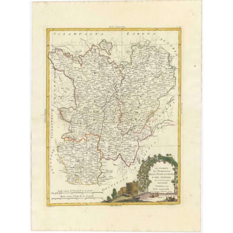 Antique Map of the Region of Beaujolais, Saône-et-Loire and Bourgogne by Zatta (1779)