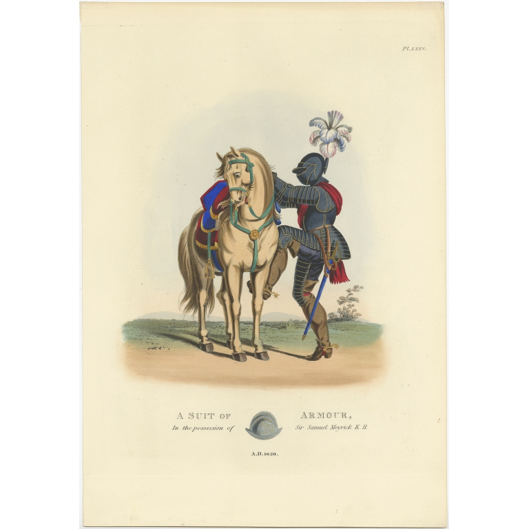 Antique Print of a Suit of Armour by Meyrick (1842)