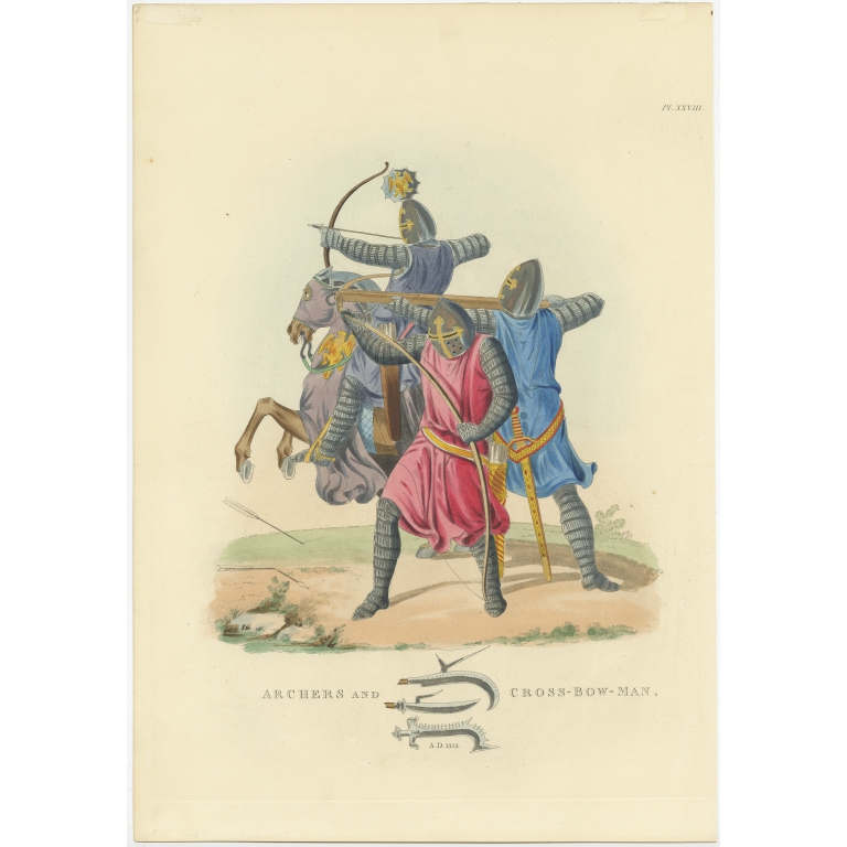 Antique Print of Archers and a Crossbowman by Meyrick (1842)