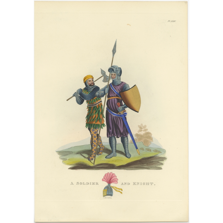 Antique Print of a Soldier and Knight  by Meyrick (1842)