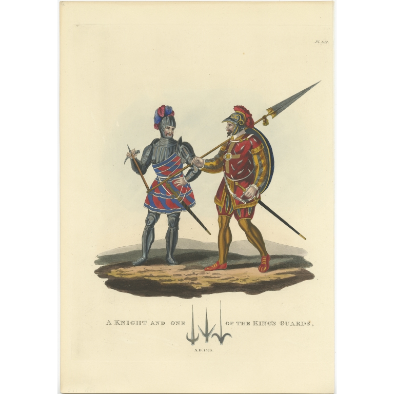 Antique Print of a Knight and Guard by Meyrick (1842)