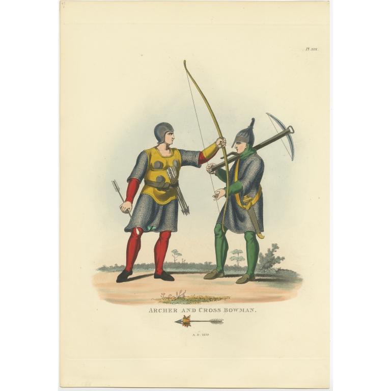 Antique Print of an Archer and Crossbowman by Meyrick (1842)