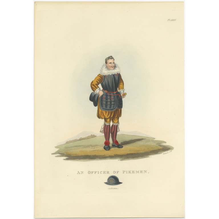 Antique Print of an Officer of Pikemen by Meyrick (1842)