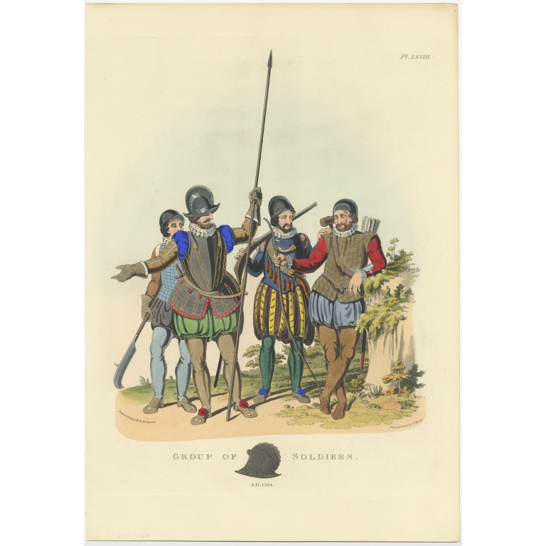 Antique Print of a group of Soldiers by Meyrick (1842)