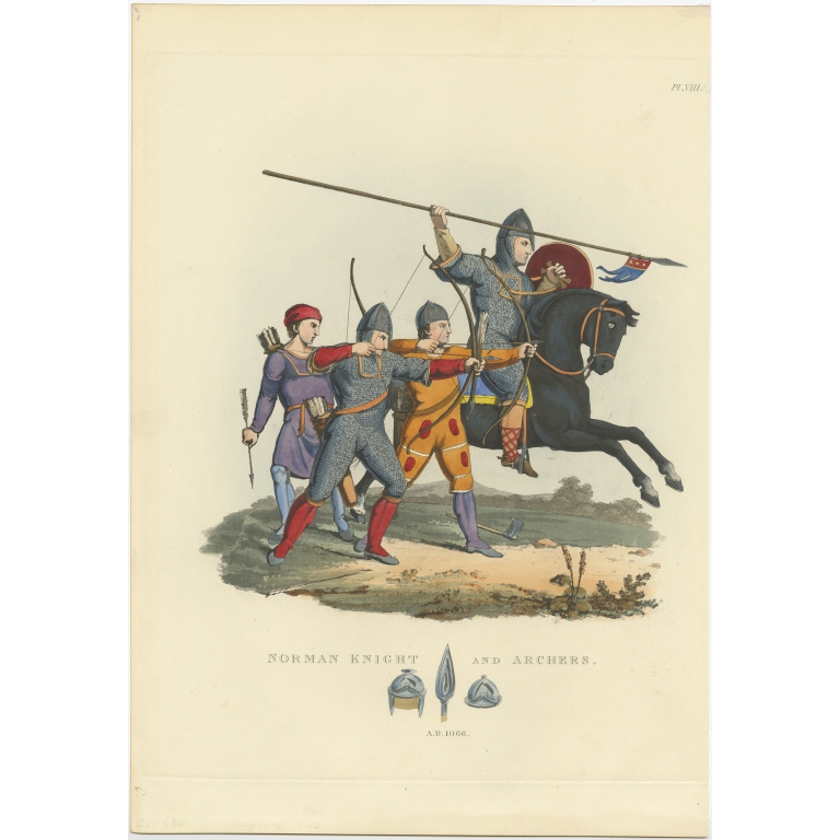 Antique Print of a Knight and Archers by Meyrick (1842)
