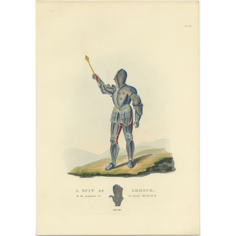 Antique Print of a Suit of Armour by Meyrick (1842)