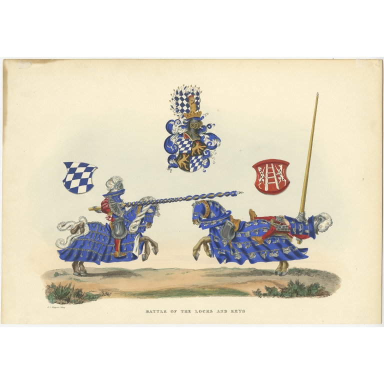 Antique Print of a Medieval Battle by Meyrick (1842)