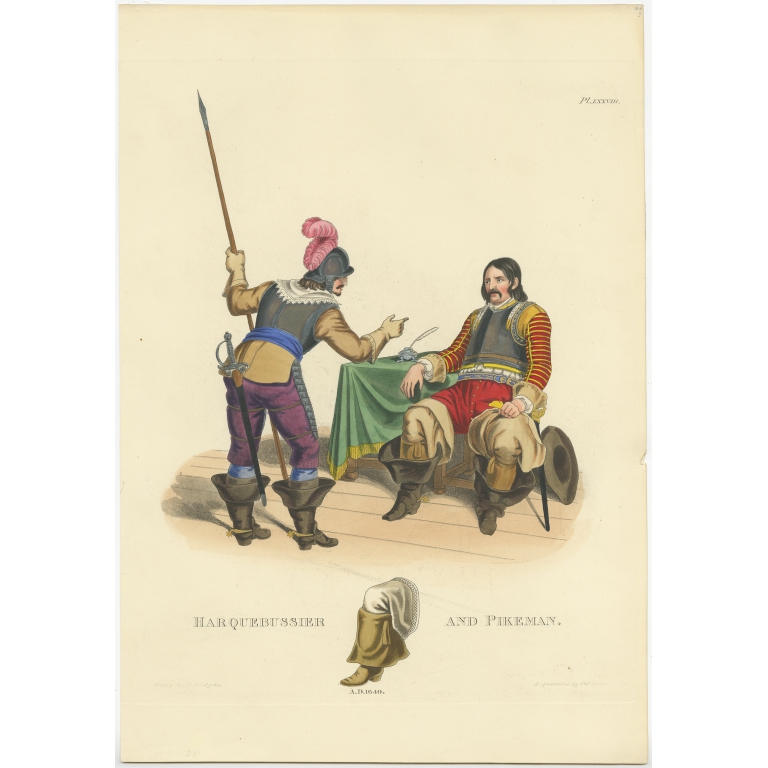Antique Print of a Harquebusier and Pikeman by Meyrick (1842)
