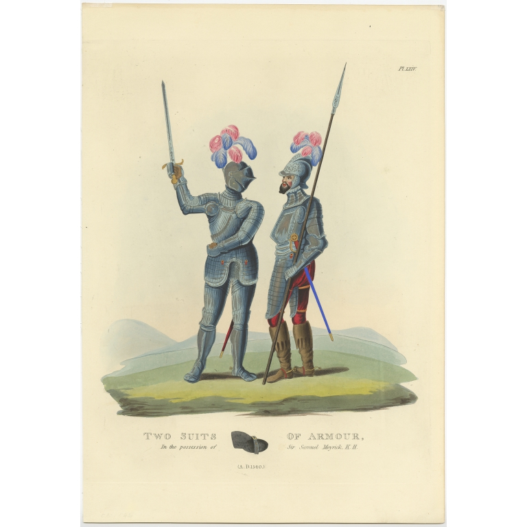 Antique Print of Two Suits of Armour by Meyrick (1842)