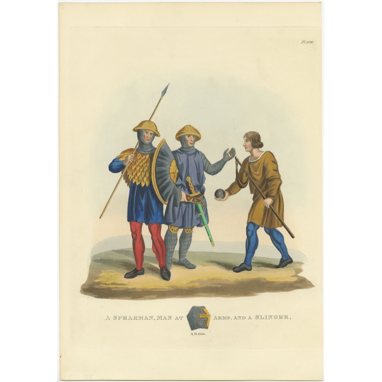 Antique Print of a Spearman, Man at Arms and Slinger by Meyrick (1842)