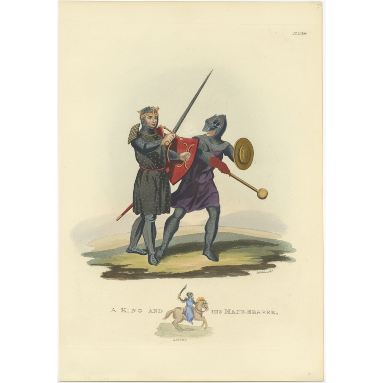 Antique Print of a King and his Macebearer by Meyrick (1842)
