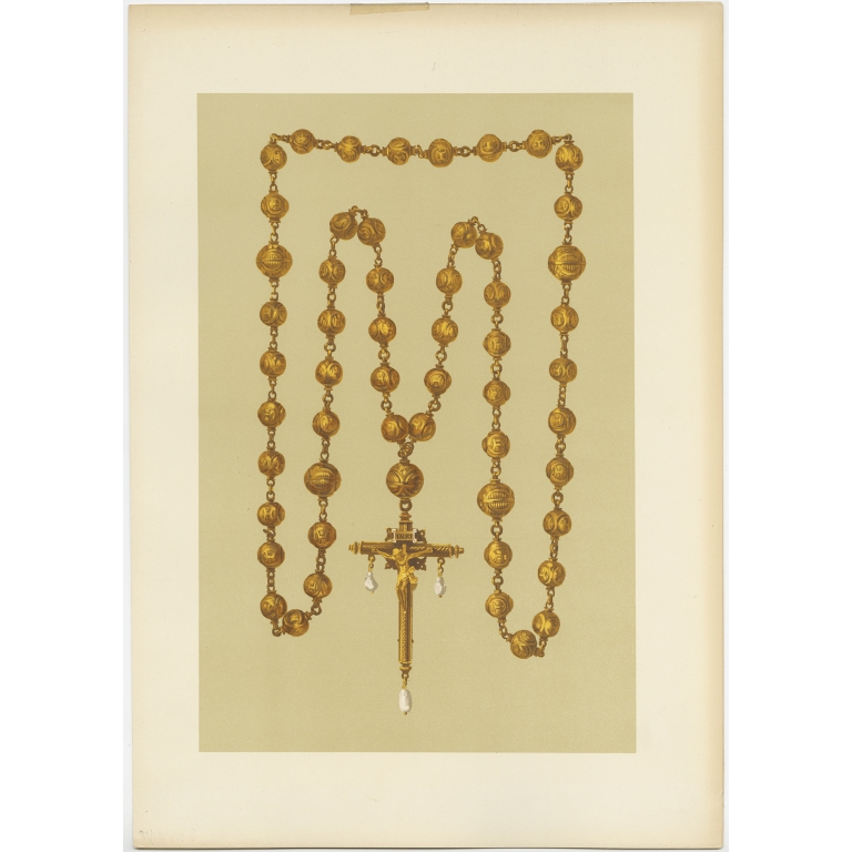 Antique Print of a Gold Rosary and Crucifix by Gibb (1890)
