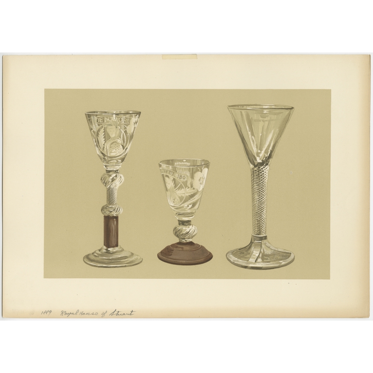 Antique Print of Jacobite Drinking Glasses by Gibb (1890)