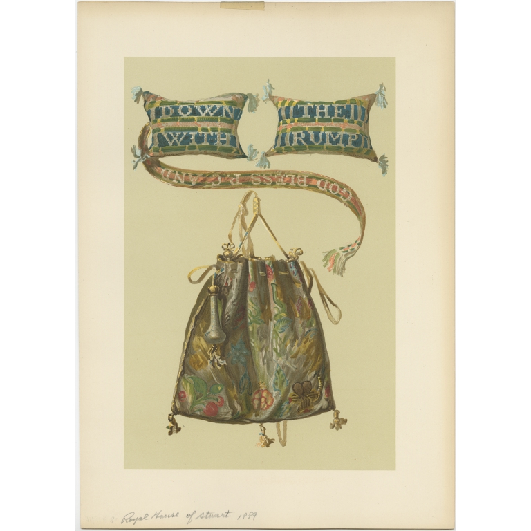 Antique Print of a Jacobite Pincushion and a Silk Purse by Gibb (1890)