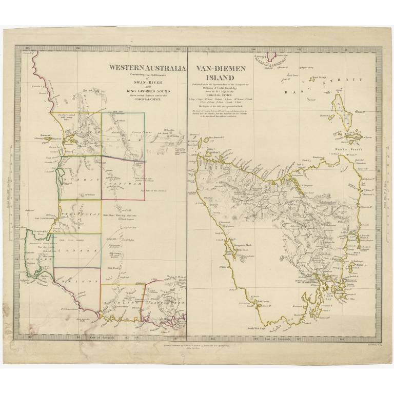 Antique Map of Western Australia and Van Diemen's Land by Walker (1833)
