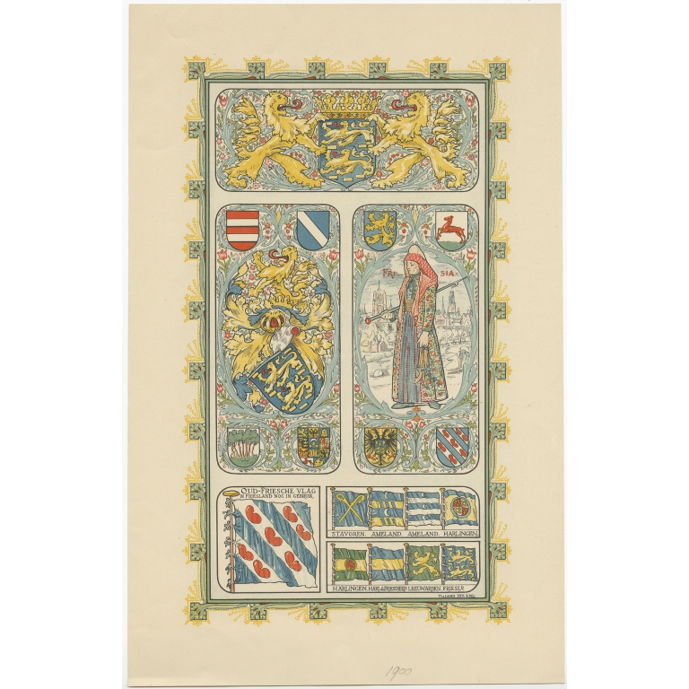 Antique Print of Flags and Coats of Arms of Friesland (c.1910)