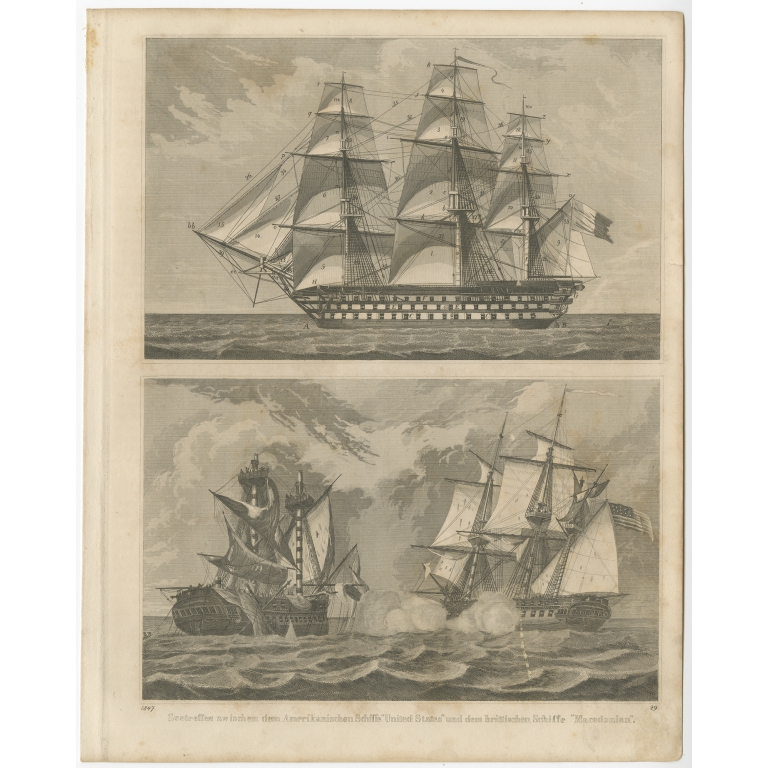 Antique Print of a Ship and a Naval Battle by Hoffmann (1847)