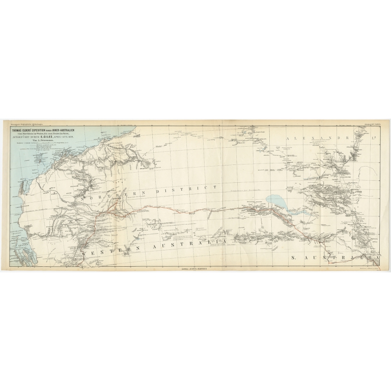 Antique Map of Ernest Giles Expedition across Australia by Petermann (1876)