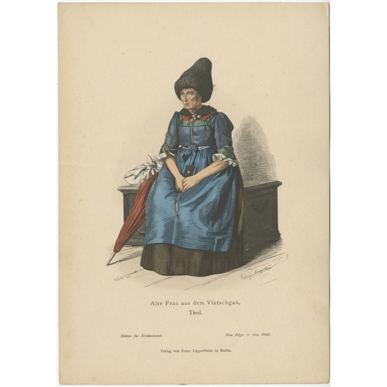 Antique Costume Print of a Woman from Vinschgau (Tyrol) by Lipperheide (c.1880)