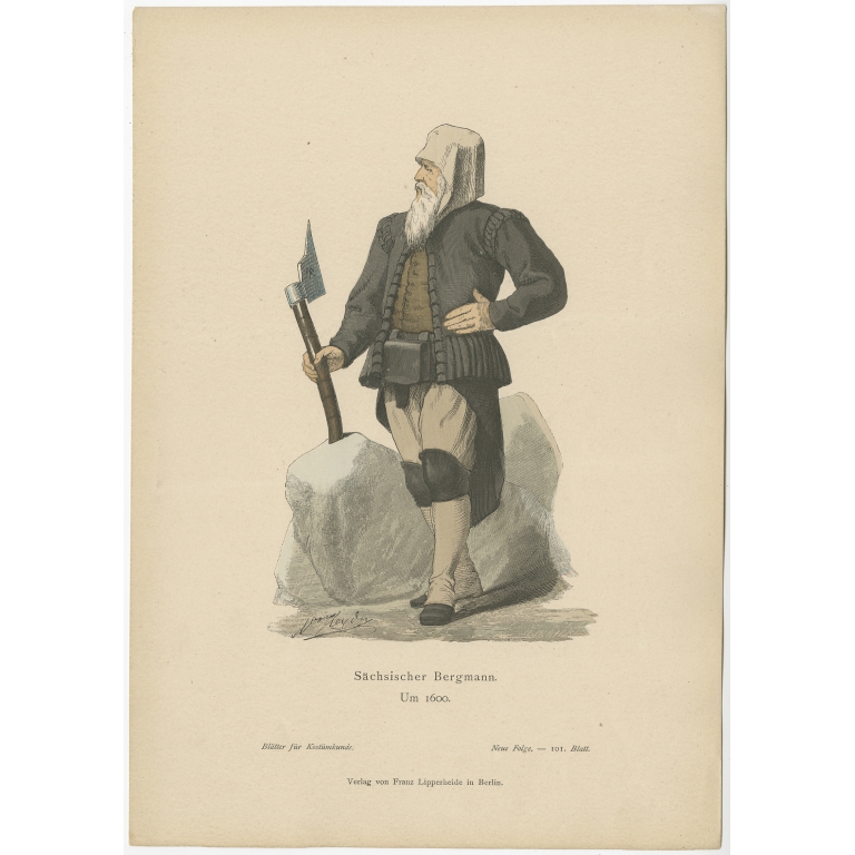 Antique Costume Print of a Saxon Miner by Lipperheide (c.1880)