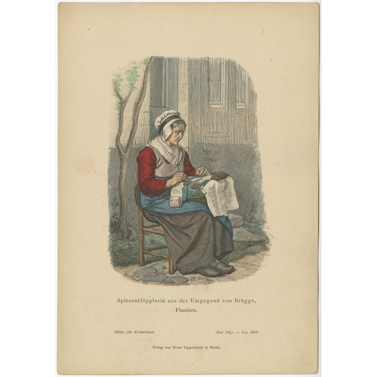 Antique Costume Print of a Lacemaker from the region of Bruges by Lipperheide (c.1880)