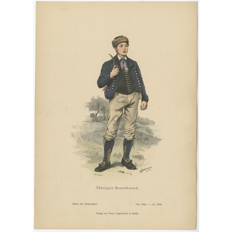 Antique Costume Print of a Peasant Boy from Thuringia by Lipperheide (c.1880)