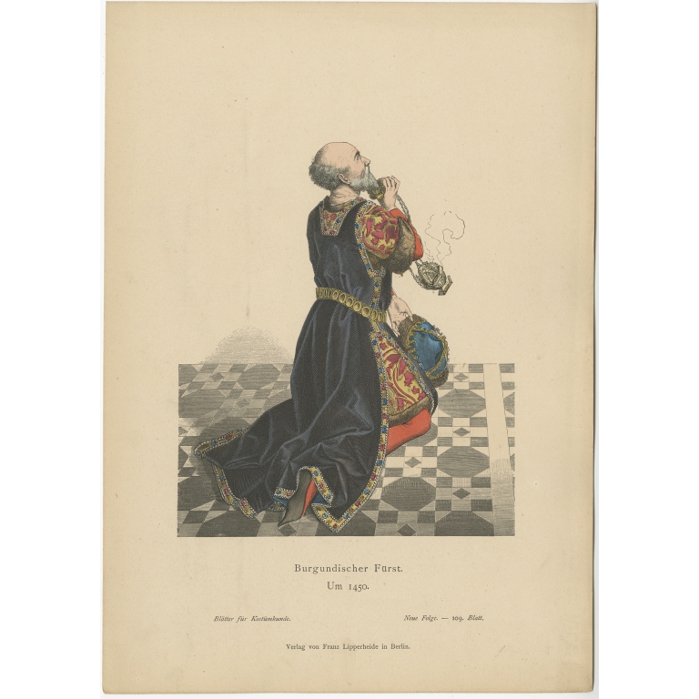 Antique Costume Print of a Prince from Burgundy by Lipperheide (c.1880)