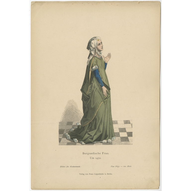 Antique Costume Print of a Lady from Burgundy by Lipperheide (c.1880)