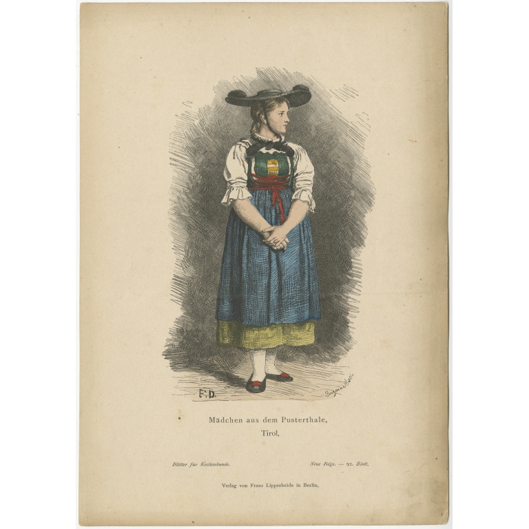 Antique Costume Print of a Girl from Val Pusteria by Lipperheide (c.1880)