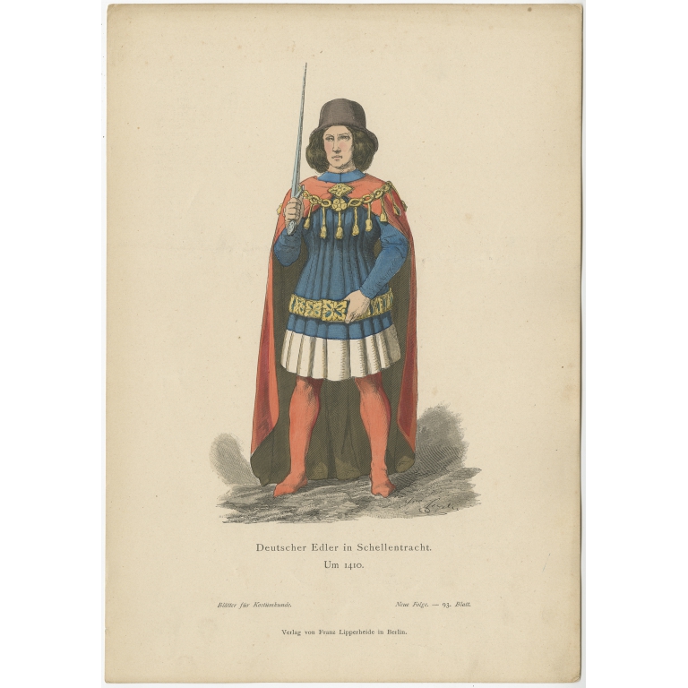 Antique Costume Print of a German nobleman by Lipperheide (c.1880)