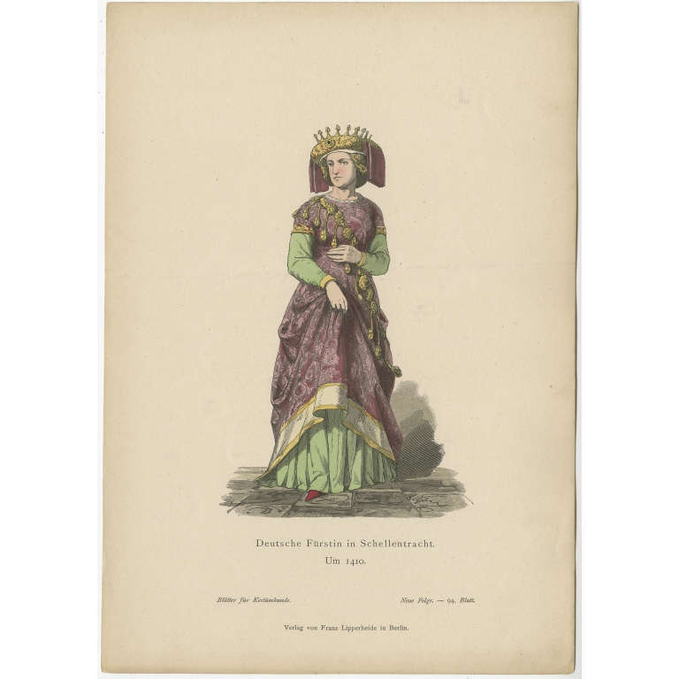 Antique Costume Print of a German princess by Lipperheide (c.1880)