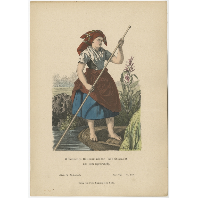 Antique Costume Print of a Peasant Girl from Spreewald by Lipperheide (c.1880)