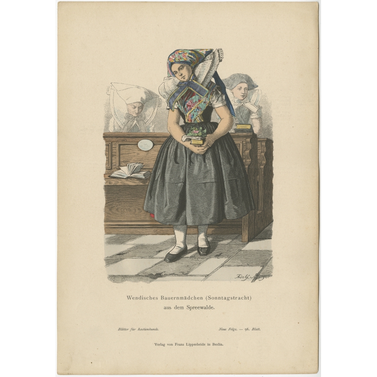 Antique Costume Print of a Peasant Girl from Spreewald by Lipperheide (c.1880)