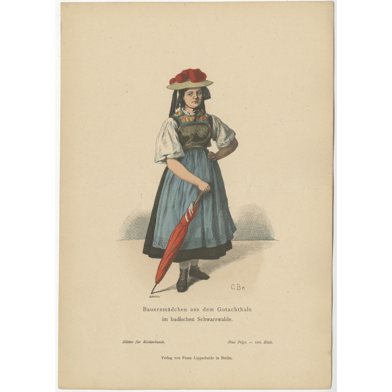 Antique Costume Print of a Farmer Girl of the Black Forest by Lipperheide (c.1880)