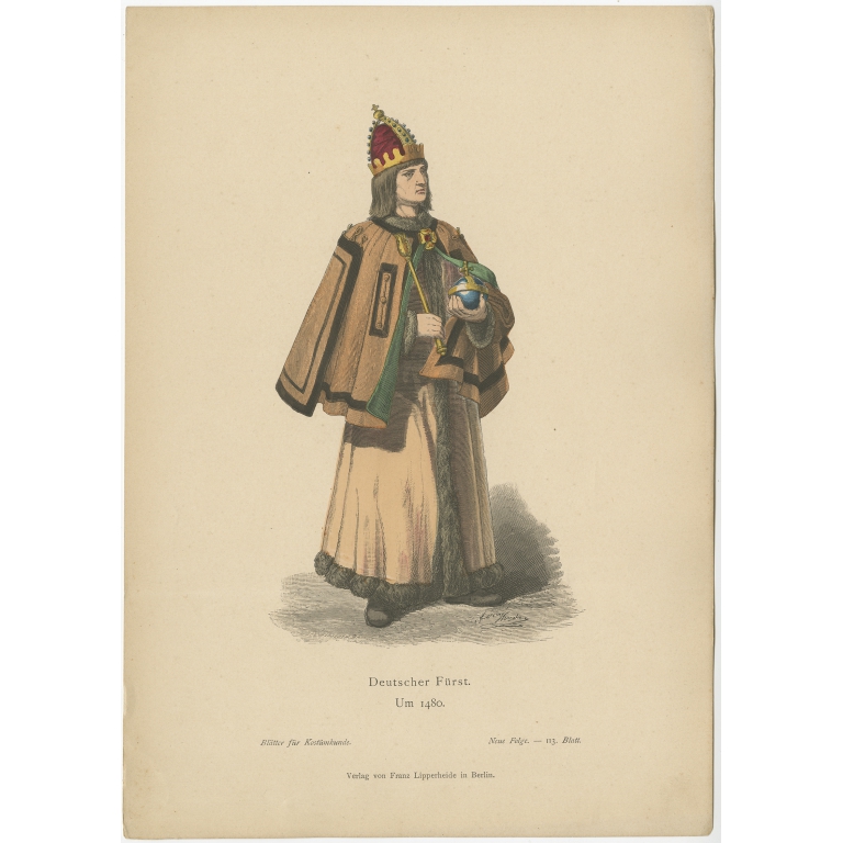 Antique Costume Print of a German Prince by Lipperheide (c.1880)