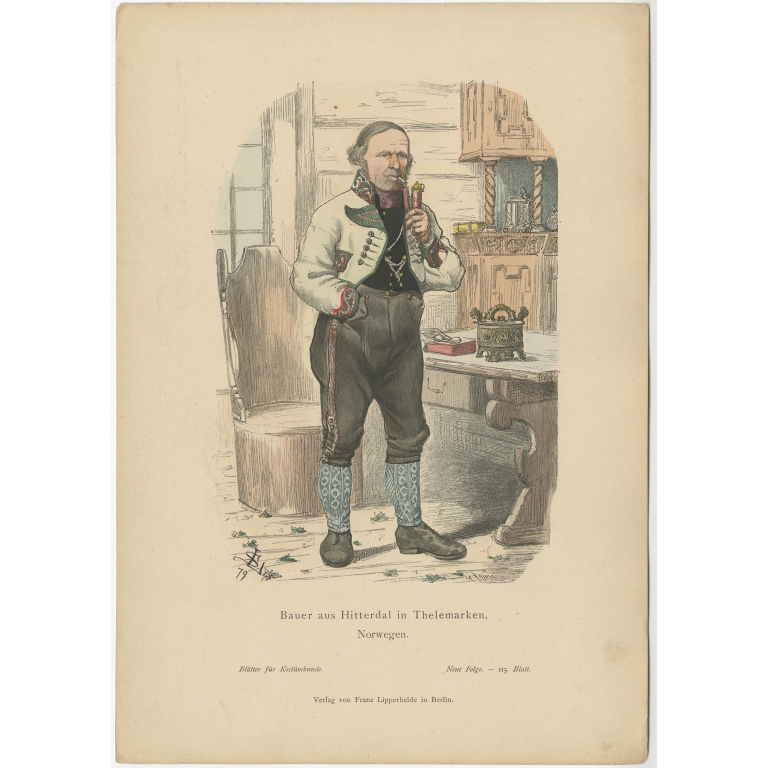 Antique Costume Print of a farmer from Telemark (Norway) by Lipperheide (c.1880)