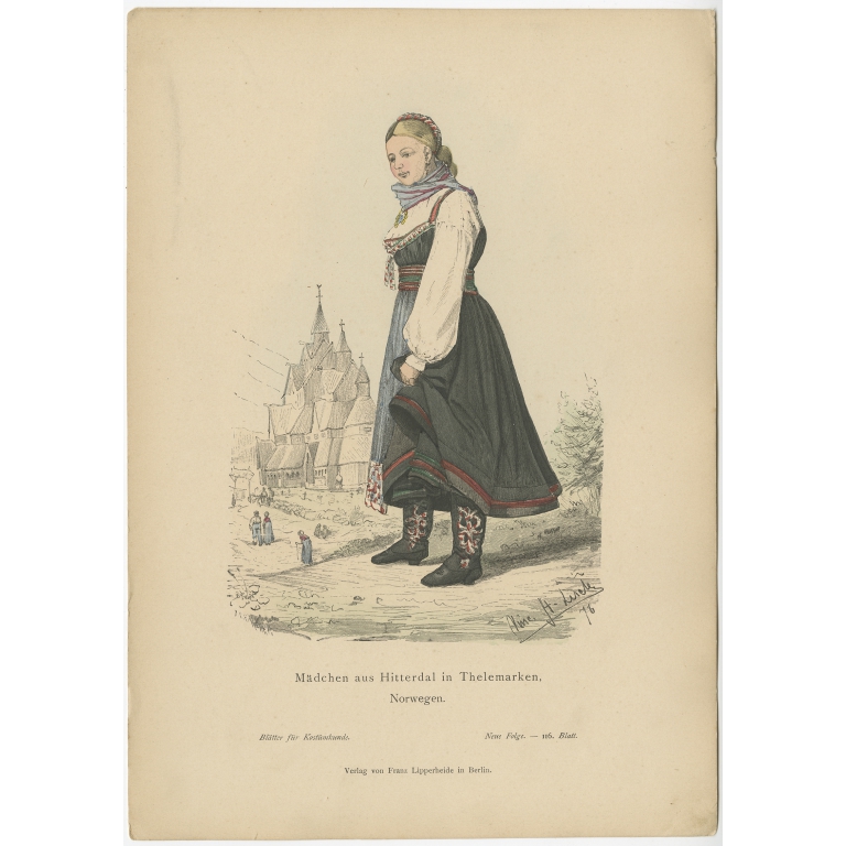 Antique Costume Print of a girl from Telemark (Norway) by Lipperheide (c.1880)