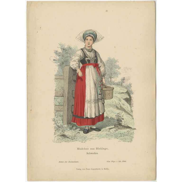 Antique Costume Print of a girl from Blekinge (Sweden) by Lipperheide (c.1880)