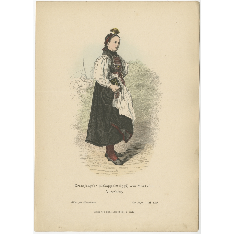 Antique Costume Print of a woman in winter costume from Montafon by Lipperheide (c.1880)