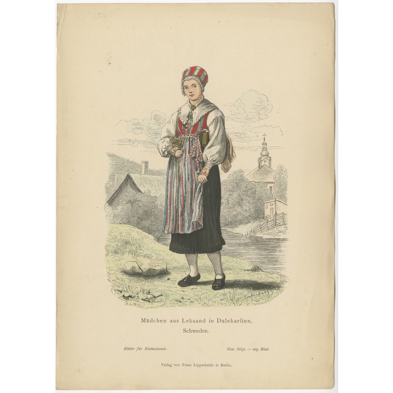 Antique Costume Print of a Girl from Leksand (Sweden) by Lipperheide (c.1880)