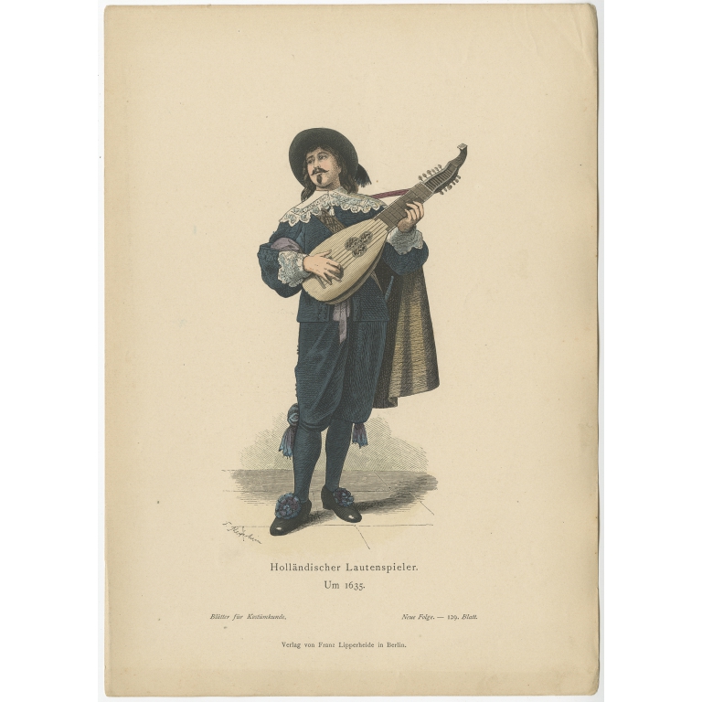 Antique Costume Print of a Lute Player from Holland by Lipperheide (c.1880)