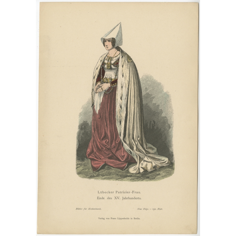 Antique Costume Print of a Patrician woman from Lübeck by Lipperheide (c.1880)