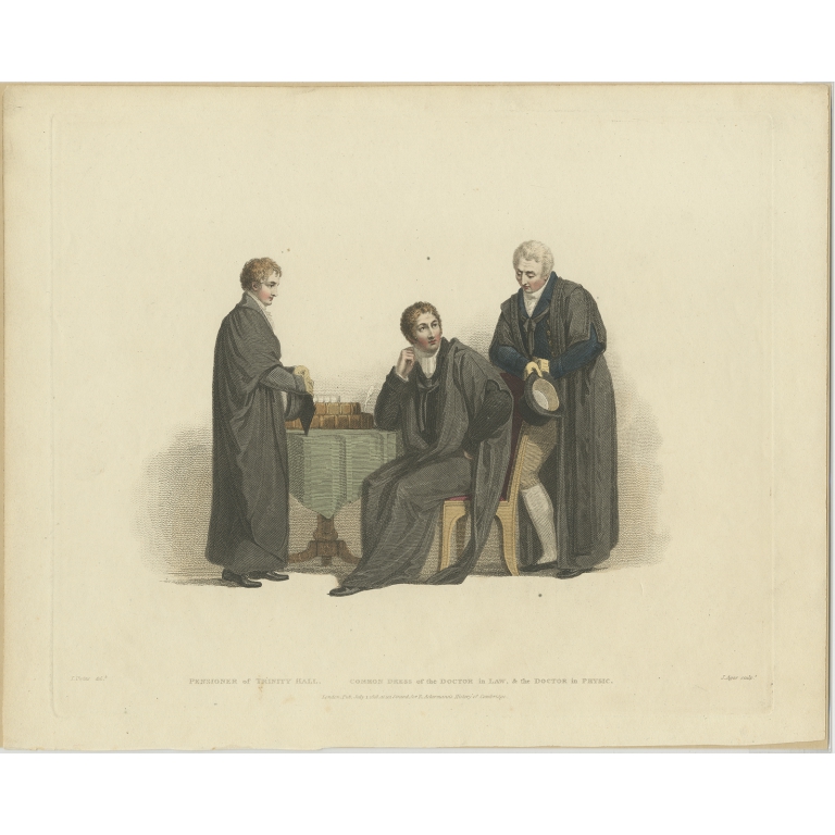 Antique Print of three Men in Academic Costumes by Ackermann (1815)
