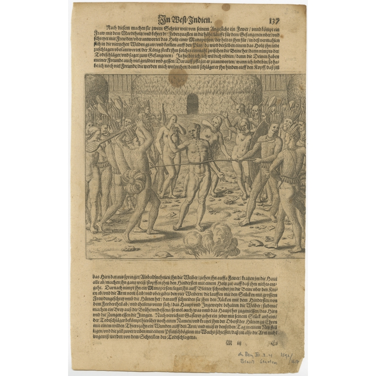 Antique Print of Tupinamba Indians Executing a Prisoner by De Bry (1617)