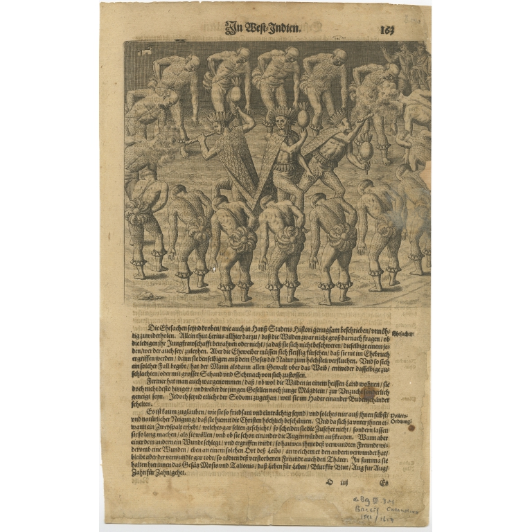 Antique Print of Caribbean Indians Dancing and Smoking by De Bry (1617)