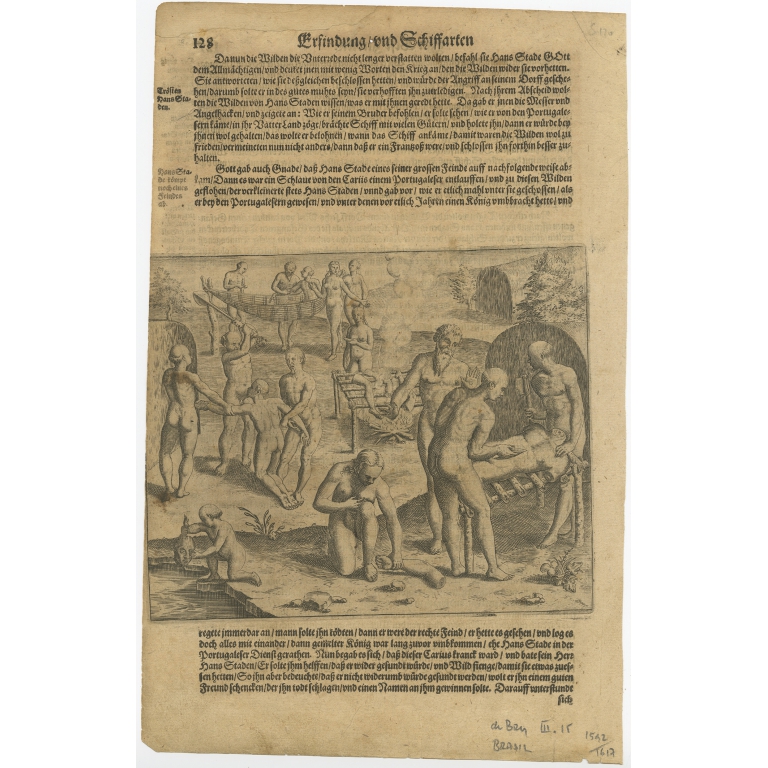 Antique print of Tupinamba Indians cutting up a corpse by De Bry (1617)