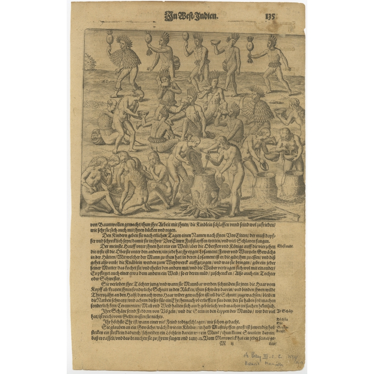 Antique print of Indians making a broth by De Bry (1617)