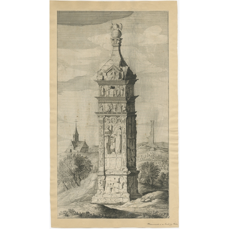 Antique Print of the Igel Column and Church (c.1650)