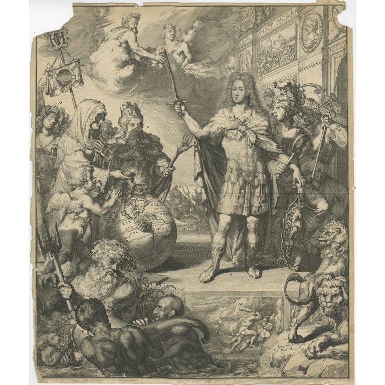 Antique Print with an allegorical portrait of Charles of Austria by De Hooghe (1704)