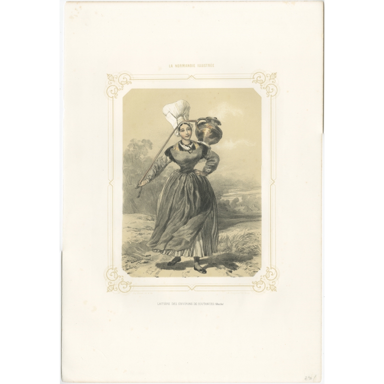 Antique Print of a dairy farmer from the region of Coutances by Charpentier (1852)